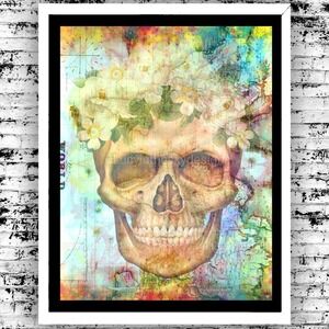 Skull Wild Rose Watercolor Map Colorful Art Print